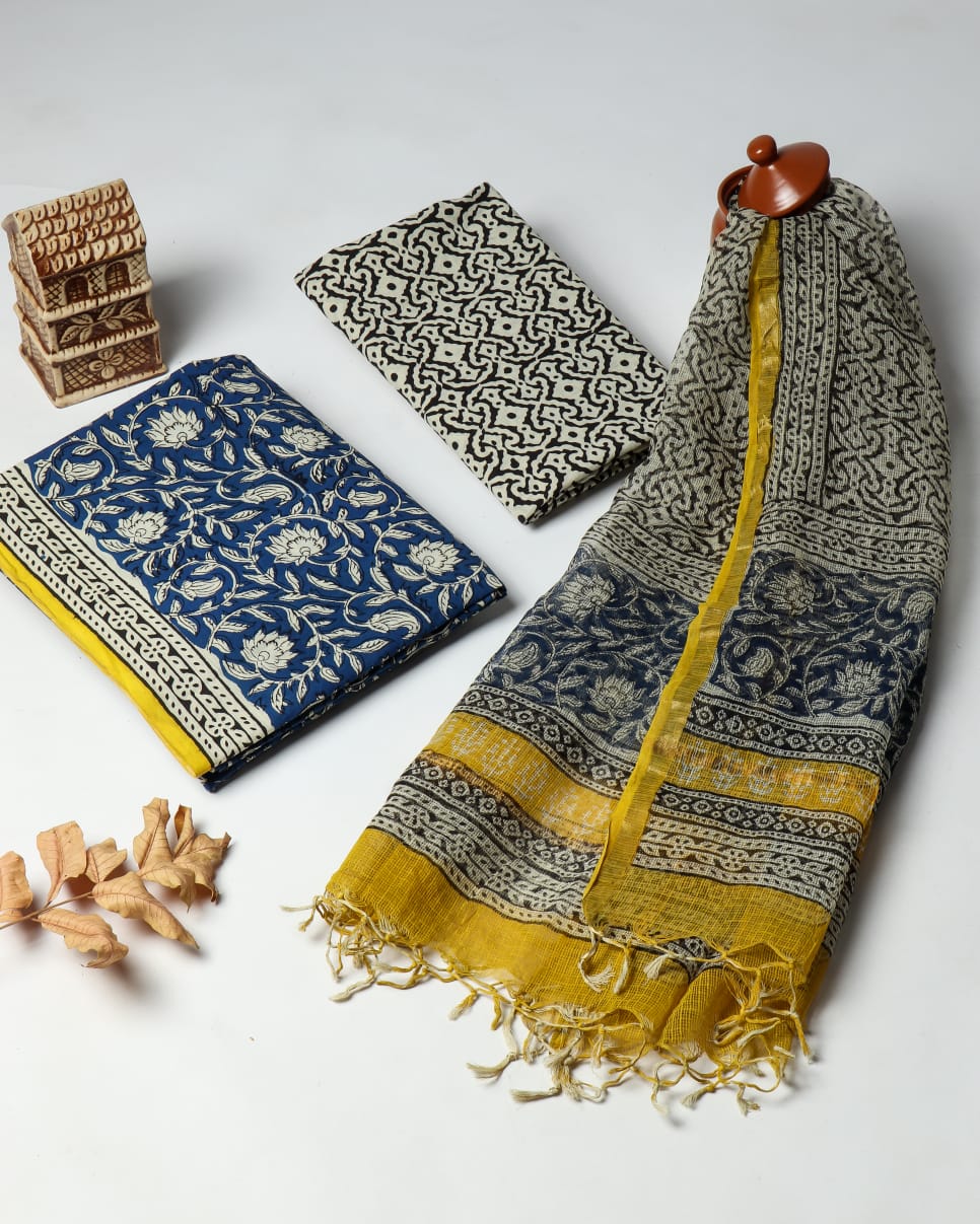 Designer Hand Block Print Pure Cotton Suit Material with Kota Doria Dupatta (3CKDYS06)