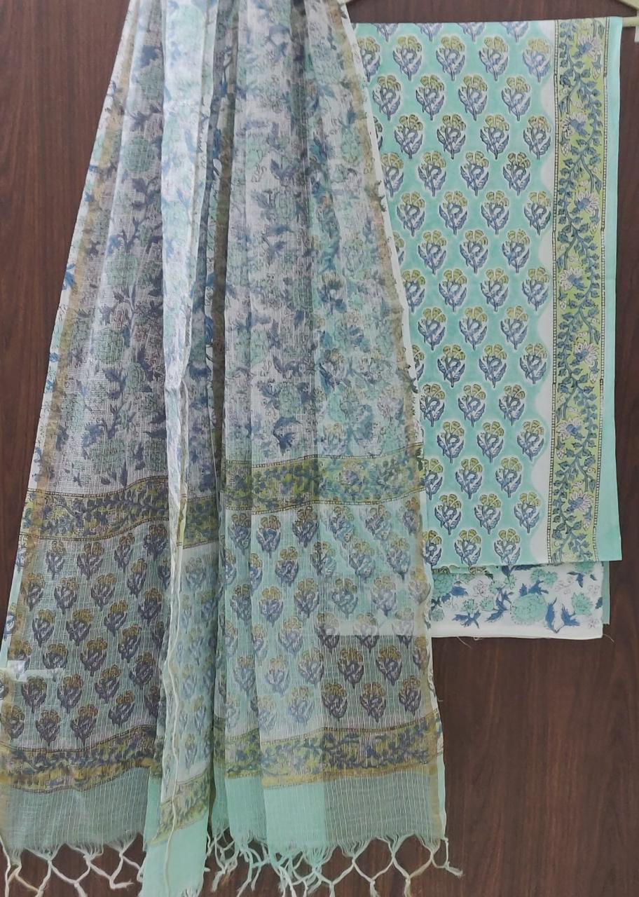 DESIGNER HAND BLOCK PRINT COTTON SUIT WITH KOTA DORIA DUPATTA (3CKDYS22)