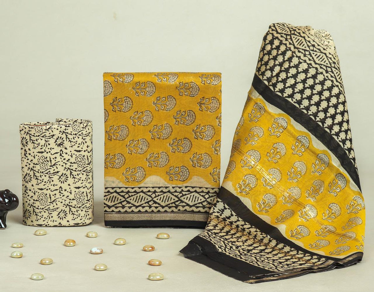 EXCLUSIVE  HAND BLOCK CHANDERI SILK SUIT SET WITH CHANDERI DUPATTA (CHDYS157)
