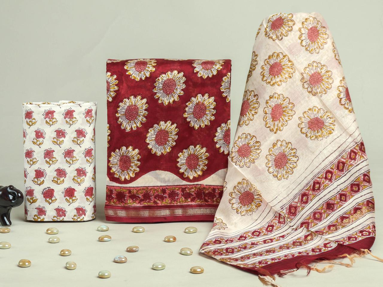 DESIGNER HAND BLOCK PRINT CHANDERI SILK SUIT WITH PREMIUM CHANDERI DUPATTA (CHDYS305)