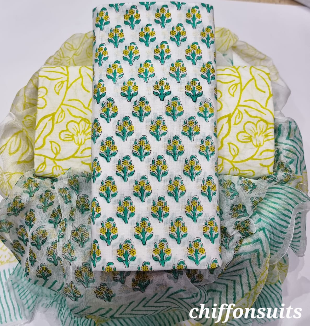 YUVI STYLE HAND BLOCK PRINT PURE COTTON SUIT WITH CHIFFION DUPTTA (PCHFYS105)