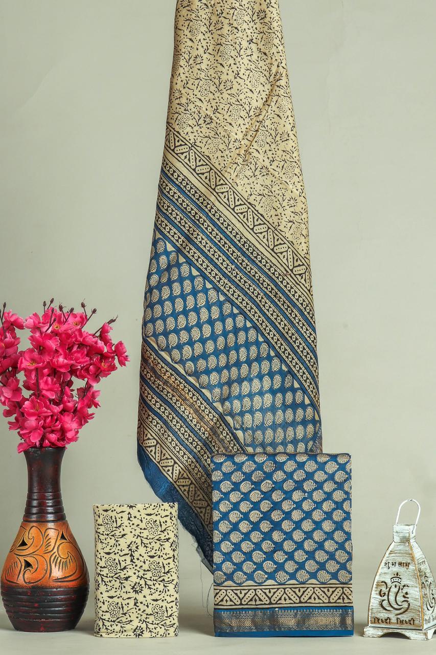 EXCLUSIVE  HAND BLOCK PRINT MAHESHWARI SILK SUIT WITH MAHESHWARI SILK (MSLYS92)