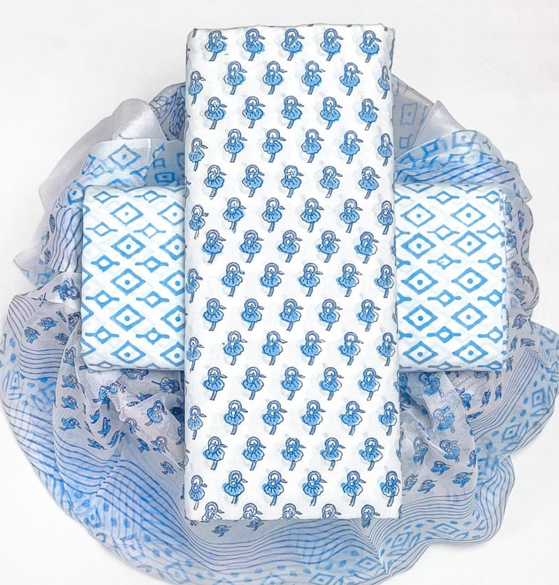 TRADITIONAL HAND BLOCK PRINT PURE COTTON SUIT WITH CHIFFION DUPTTA (PCHFYS133)