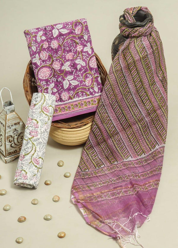 Designer Hand Block Print Pure Cotton Suit Material with Kota Doria Dupatta(3CKDYS01)