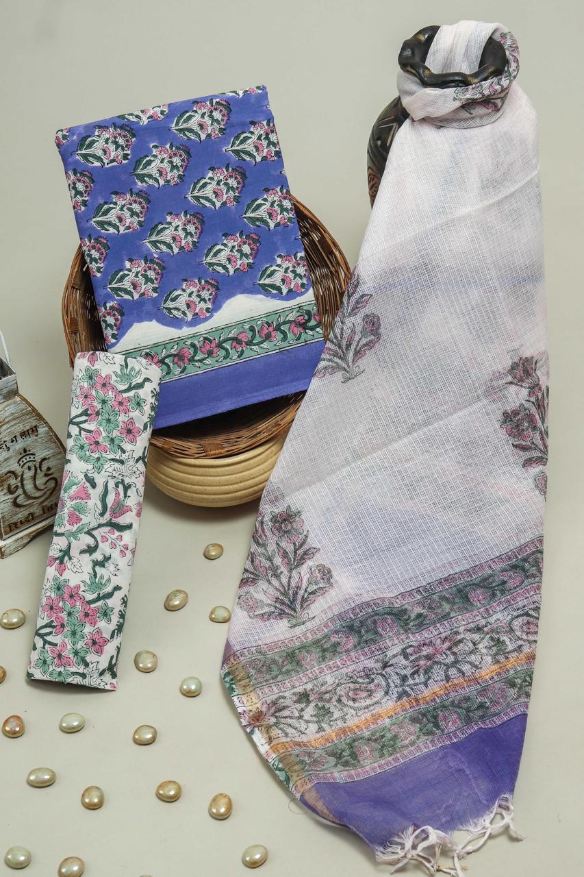 APPEALING HAND BLOCK PURE COTTON SUIT WITH KOTA DORIA DUPATTA (3CKDYS170)