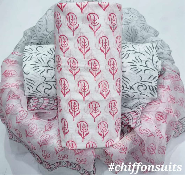 Traditional HAND BLOCK PRINT PURE COTTON SUIT WITH CHIFFION DUPTTA (PCHFYS67)