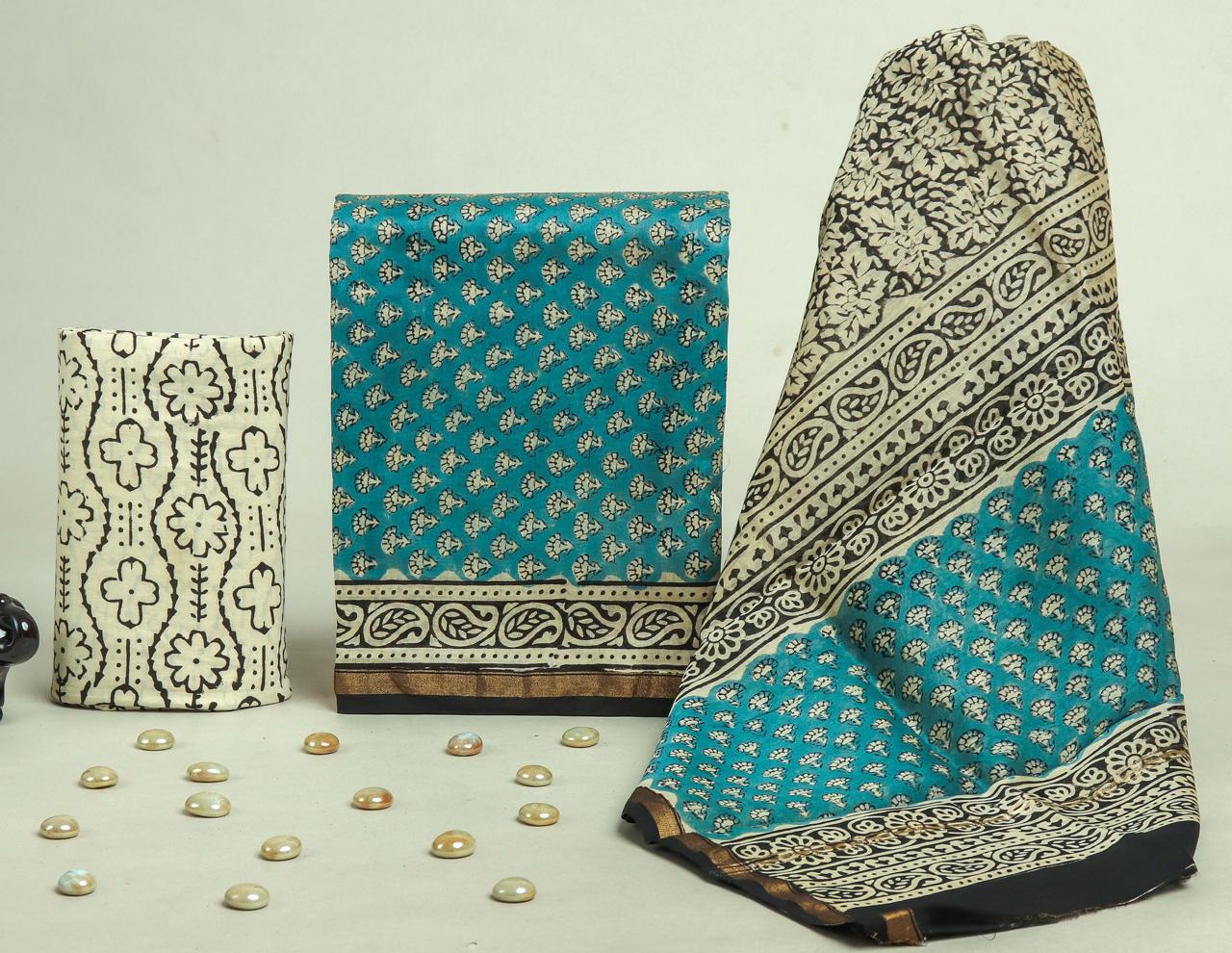 DESIGNER HAND BLOCK PRINT CHANDERI SILK SUIT SET WITH PREMIUM CHANDERI DUPATTA (CHDYS64)