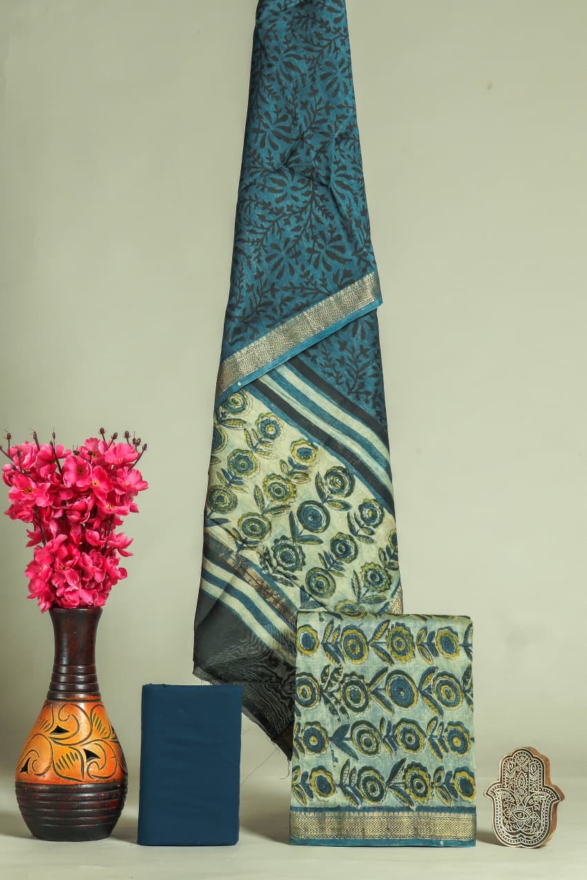 EXCLUSIVE HAND BLOCK  PRINT MAHESHWARI SILK SUIT WITH MAHESHWARI SILK DUPPTA (MSLYS160)