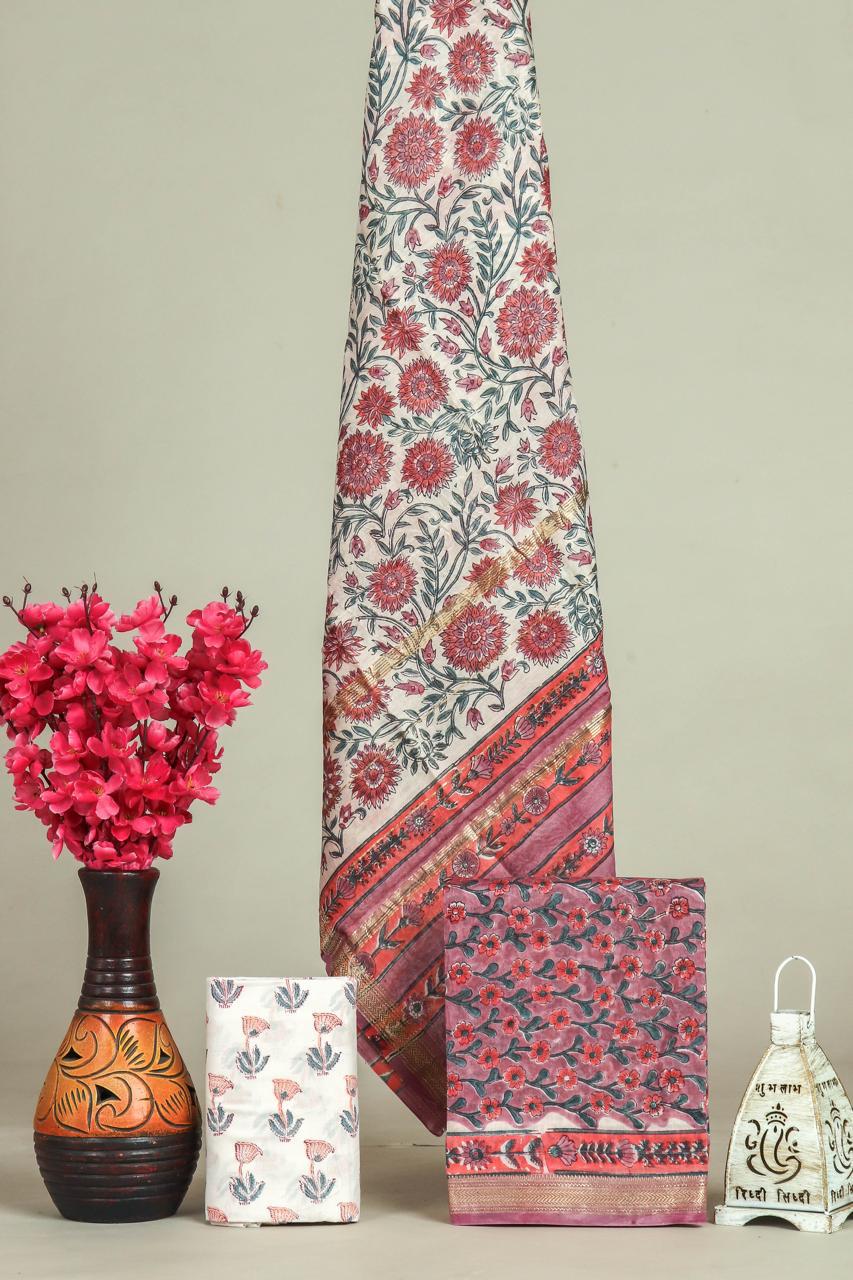 DESIGNER HAND BLOCK PRINT MAHESHWARI SILK SUIT SET (MSLYS152)