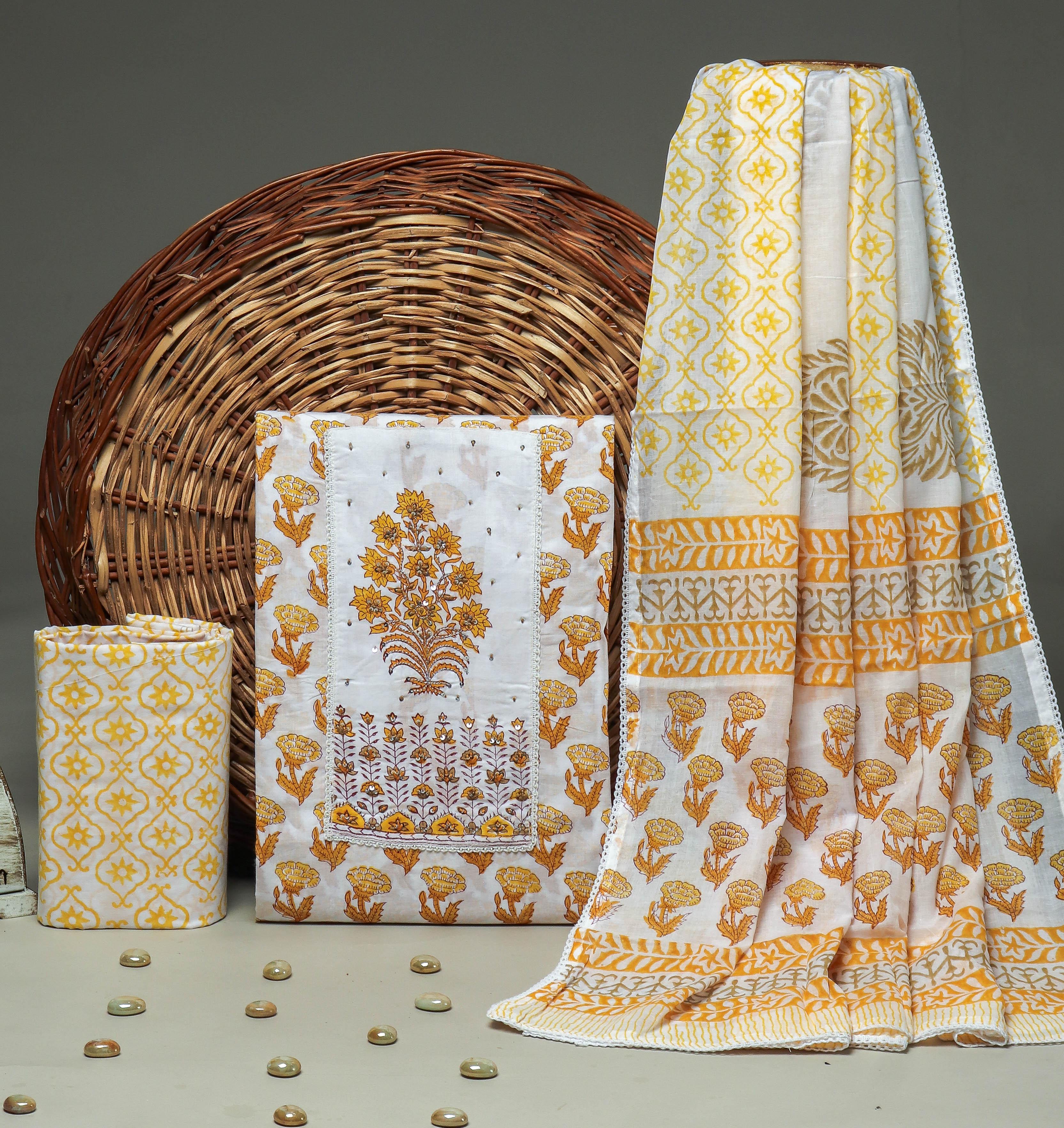 JAIPURI PRINTED COTTON NECK WORK SUITS WITH MULMUL DUPATTA  (GOTAYS14)