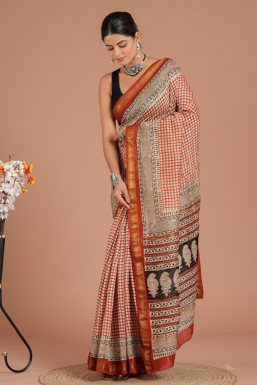 DESIGNER HAND BLOCK PRINTED MAHESWARI SILK SAREE ( MSYS17)