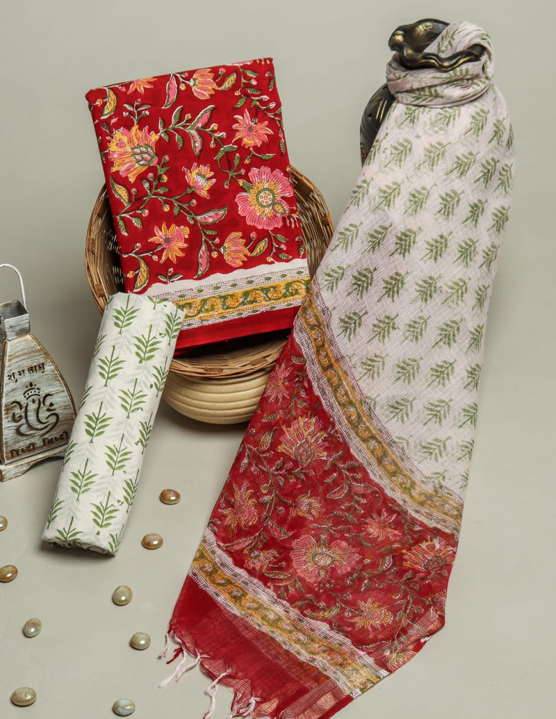 TRADITIONAL HAND HAND BLOCK PURE COTTON SUIT WITH KOTA DORIA DUPATTA (3CKDYS163)