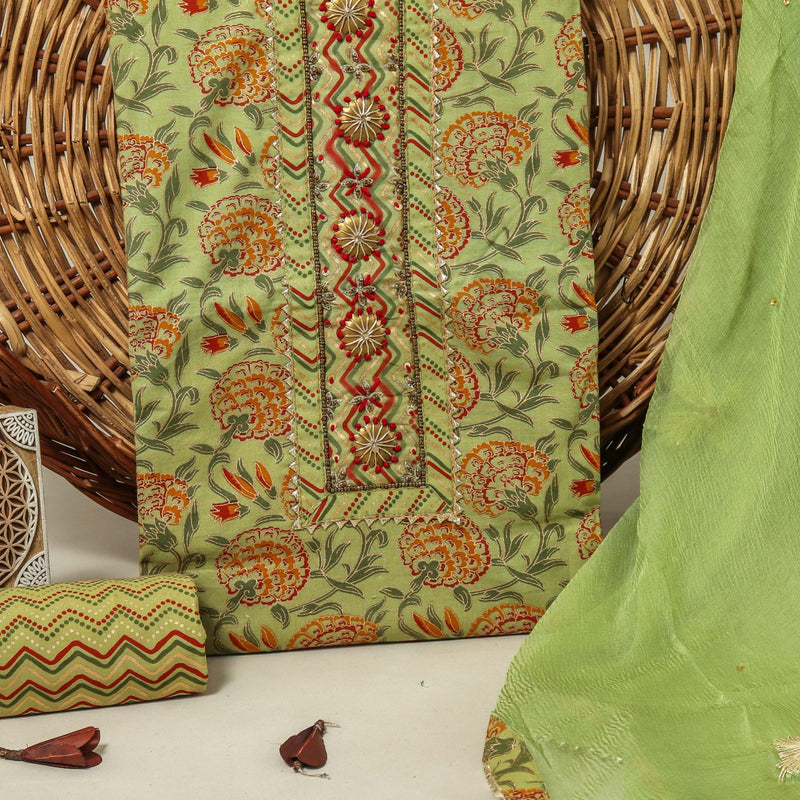 Sanganeri print cotton suit material with Chiffion dupatta Gotta Tye neck work   (GOTAYS14)
