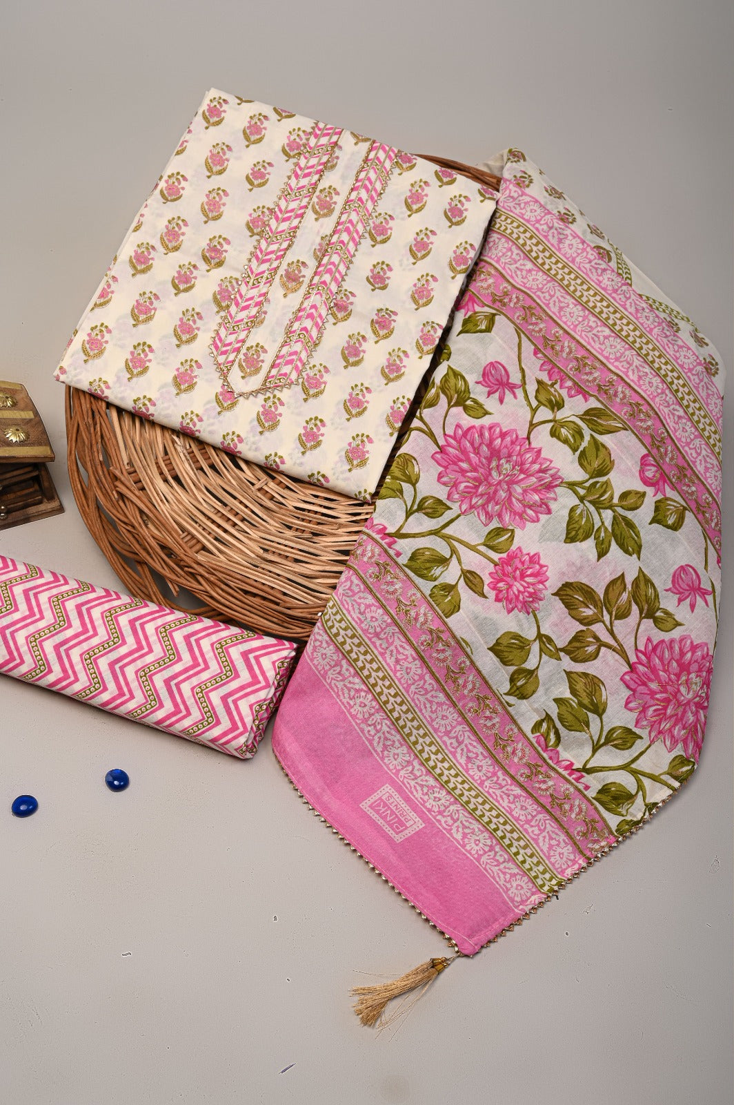 Sanganeri print cotton suit material with cotton dupatta Hand work (GOTAYS102)