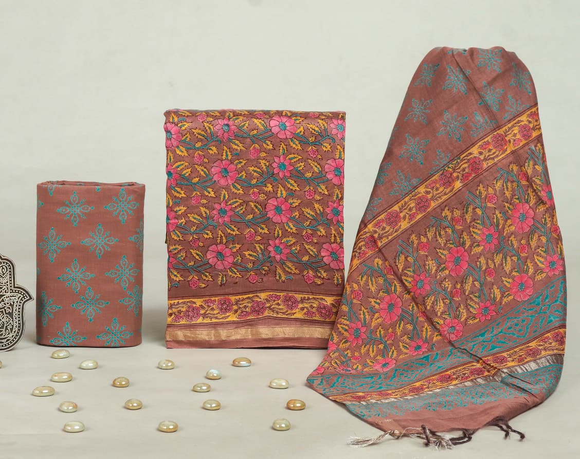 TRADITIONAL HAND BLOCK CHANDERI SILK SUIT SET WITH CHANDERI DUPATTA (CHDYS277)