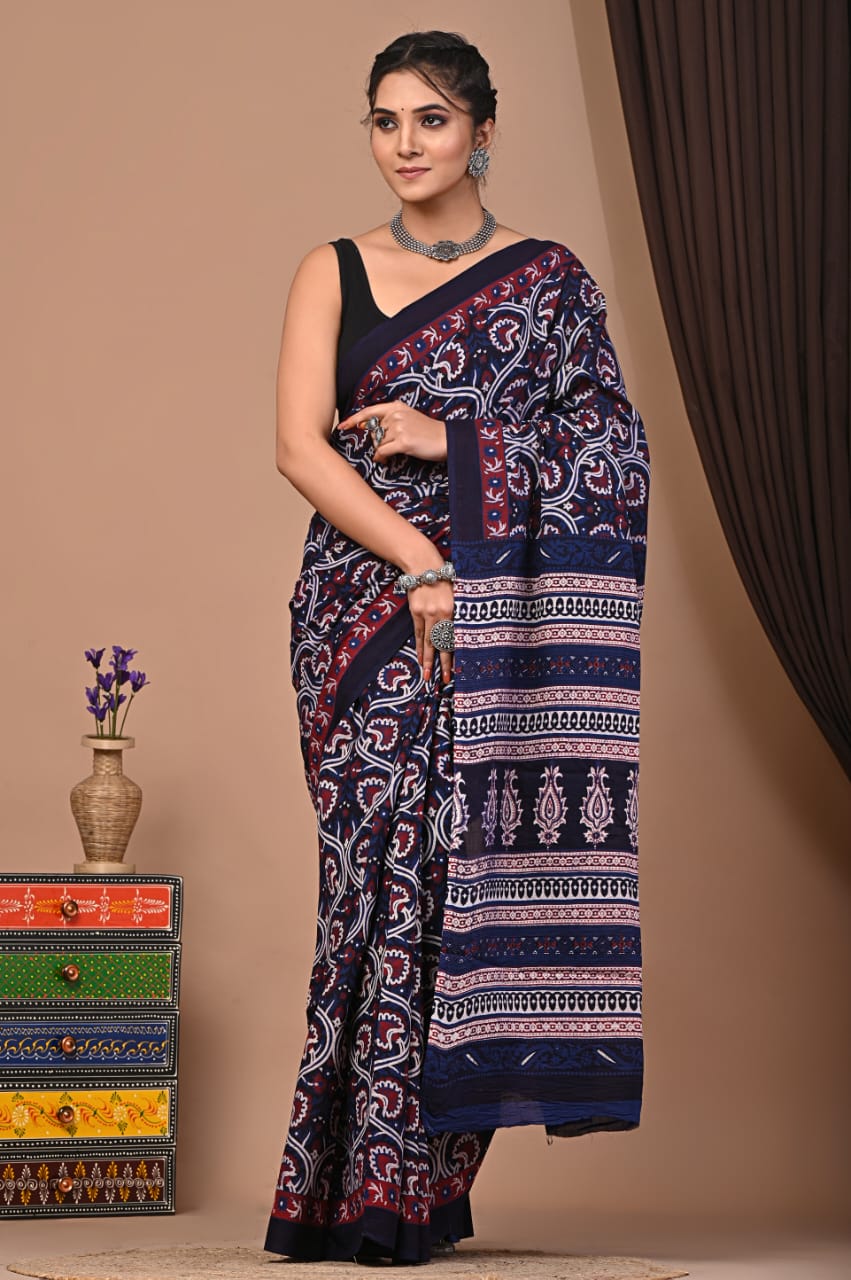 EXCLUSIV PRINT HAND BLOCK PRINT COTTON MULMUL SAREE WITH BLOUSE (CMSYS07)