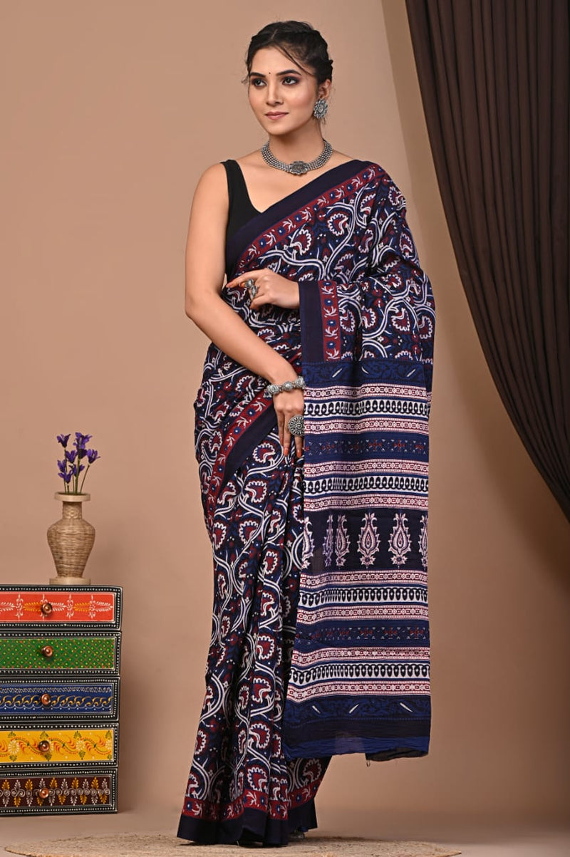EXCLUSIV PRINT HAND BLOCK PRINT COTTON MULMUL SAREE WITH BLOUSE (CMSYS07)