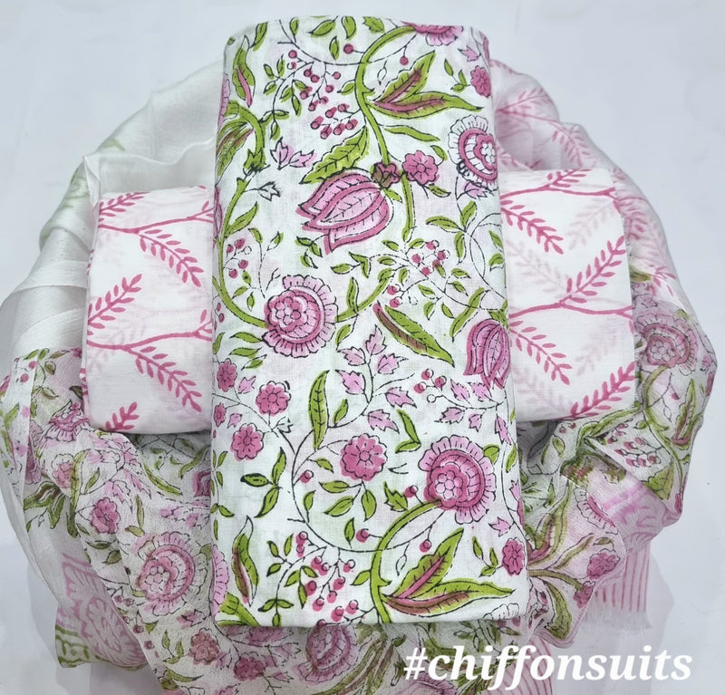 Exclusive HAND BLOCK PRINT PURE COTTON SUIT WITH CHIFFION DUPTTA (PCHFYS69)