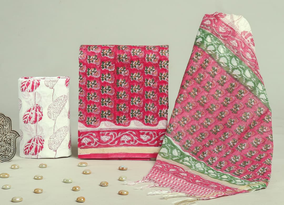 TRADITIONAL HAND BLOCK CHANDERI SILK SUIT SET WITH CHANDERI DUPATTA (CHDYS117)