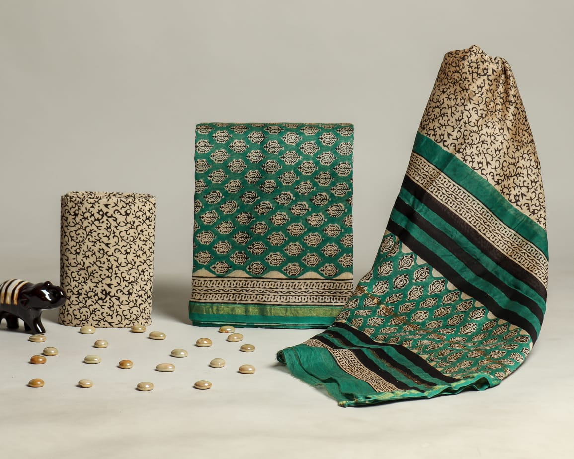 DESIGNER HAND BLOCK PRINT CHANDERI SILK SUIT SET WITH PREMIUM CHANDERI DUPATTA (CHDYS271)
