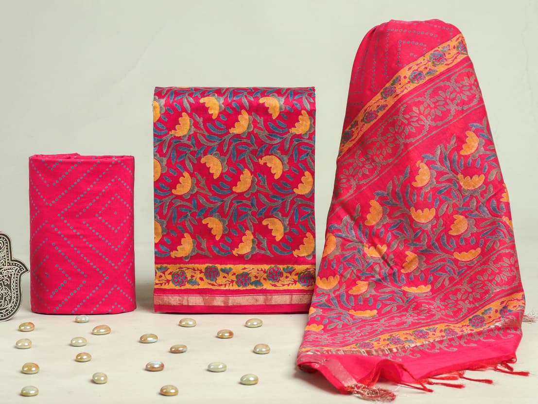 DESIGNER HAND BLOCK PRINT CHANDERI SILK SUIT SET WITH PREMIUM CHANDERI DUPATTA (CHDYS46)