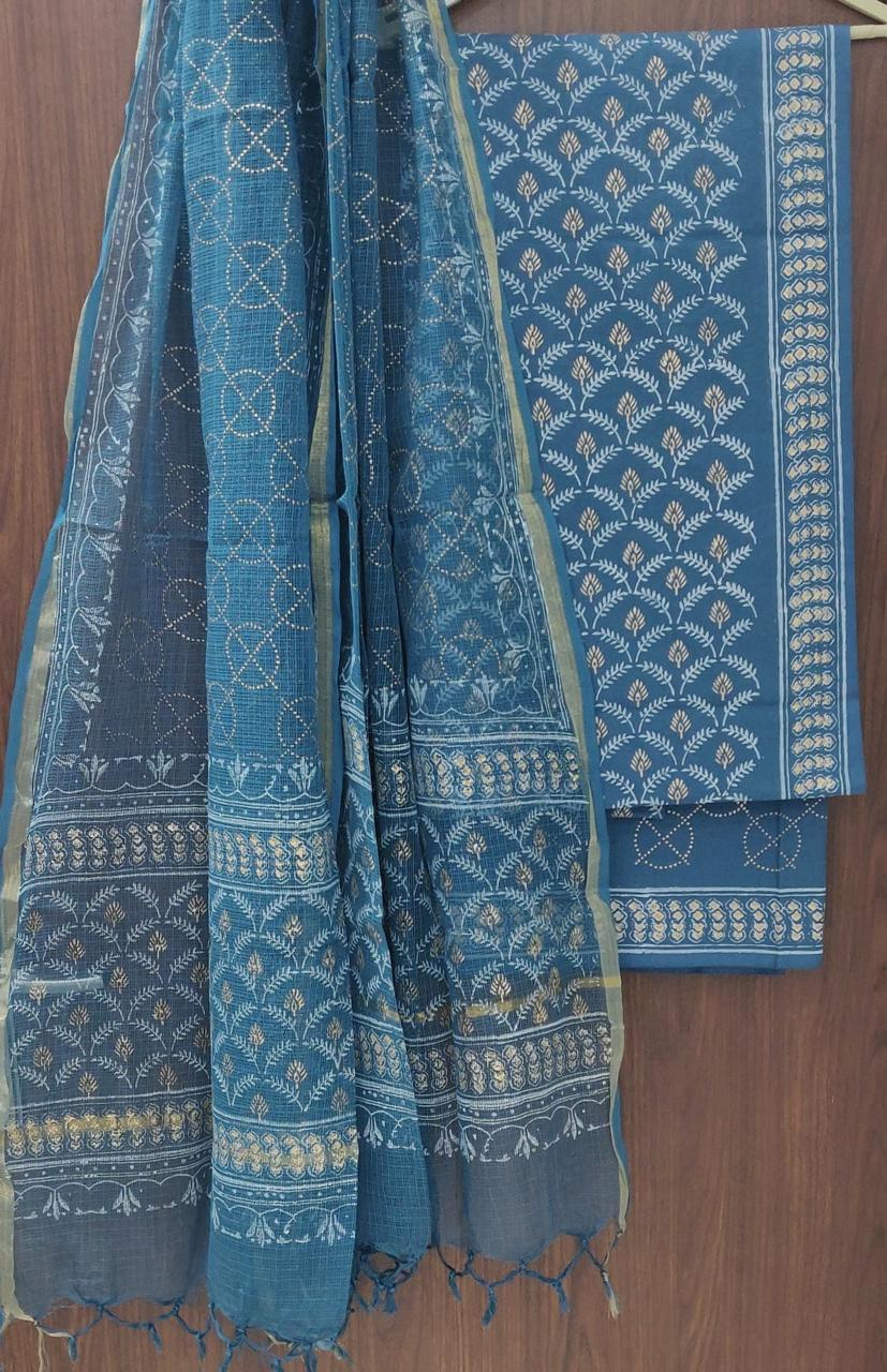 TRADITIONAL HAND HAND BLOCK PURE COTTON SUIT WITH KOTA DORIA DUPATTA (3CKDYS233)