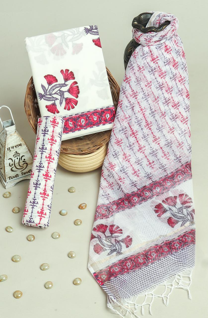 APPEALING FLORAL HAND BLOCK PRINT PURE COTTON SUIT WITH DORIA DUPATTA(3CKDYS174)