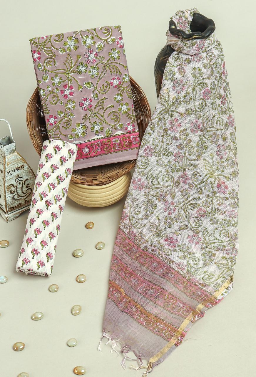 TRADITIONAL HAND HAND BLOCK PURE COTTON SUIT WITH KOTA DORIA DUPATTA (3CKDYS142)