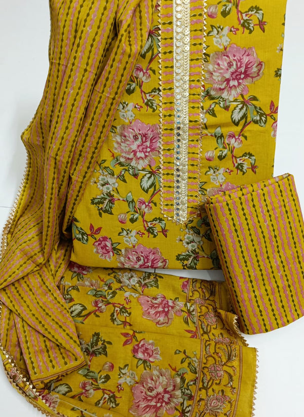 Sanganeri print cotton suit material with Chiffion dupatta Hand work (GOTAYS104)