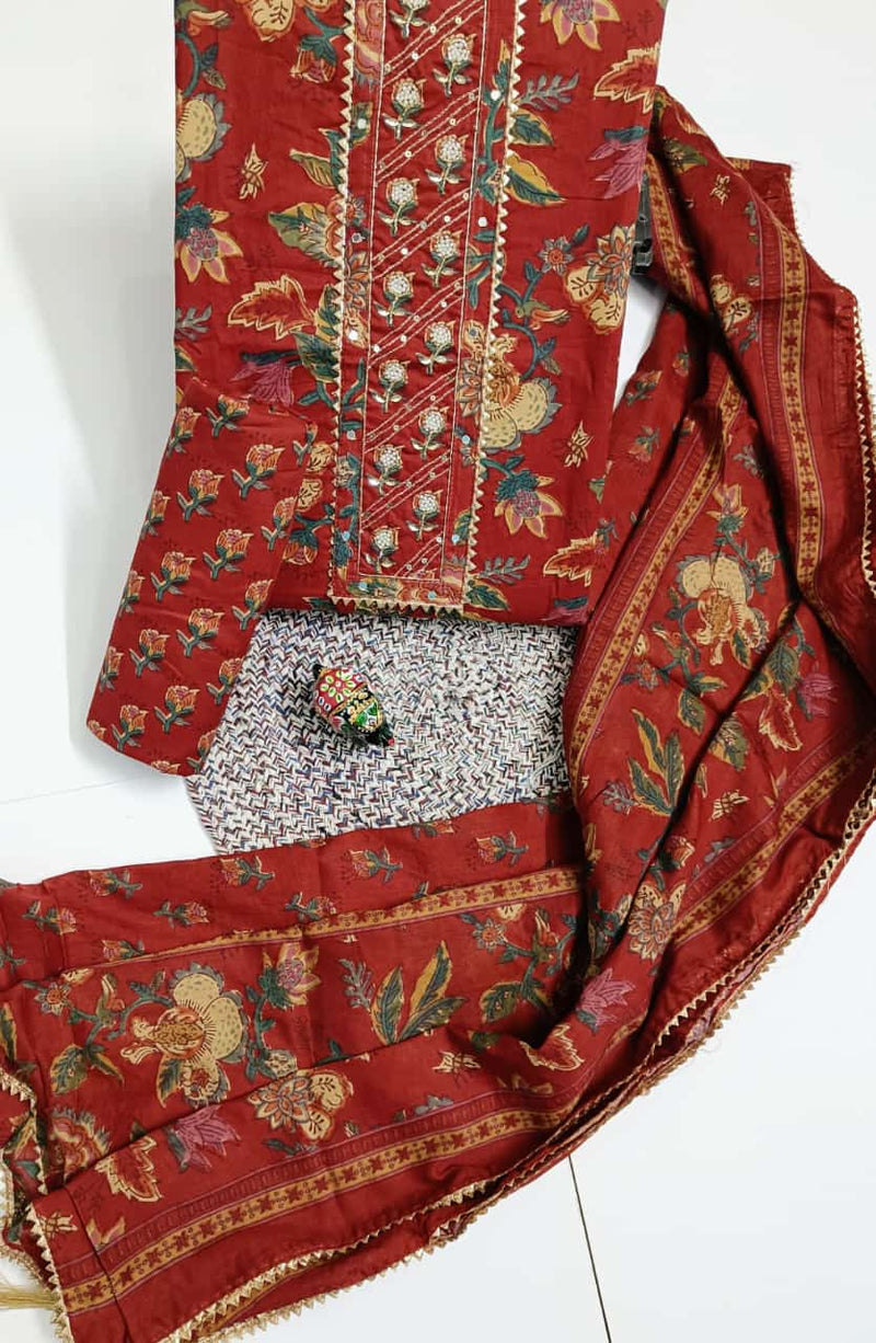 Sanganeri print cotton suit material with cotton dupatta Hand work (GOTAYS91)