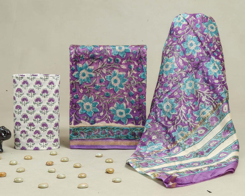 EXCLUSIVE HAND BLOCK CHANDERI SILK SUIT SET WITH  CHANDERI DUPATTA (CHDYS108)