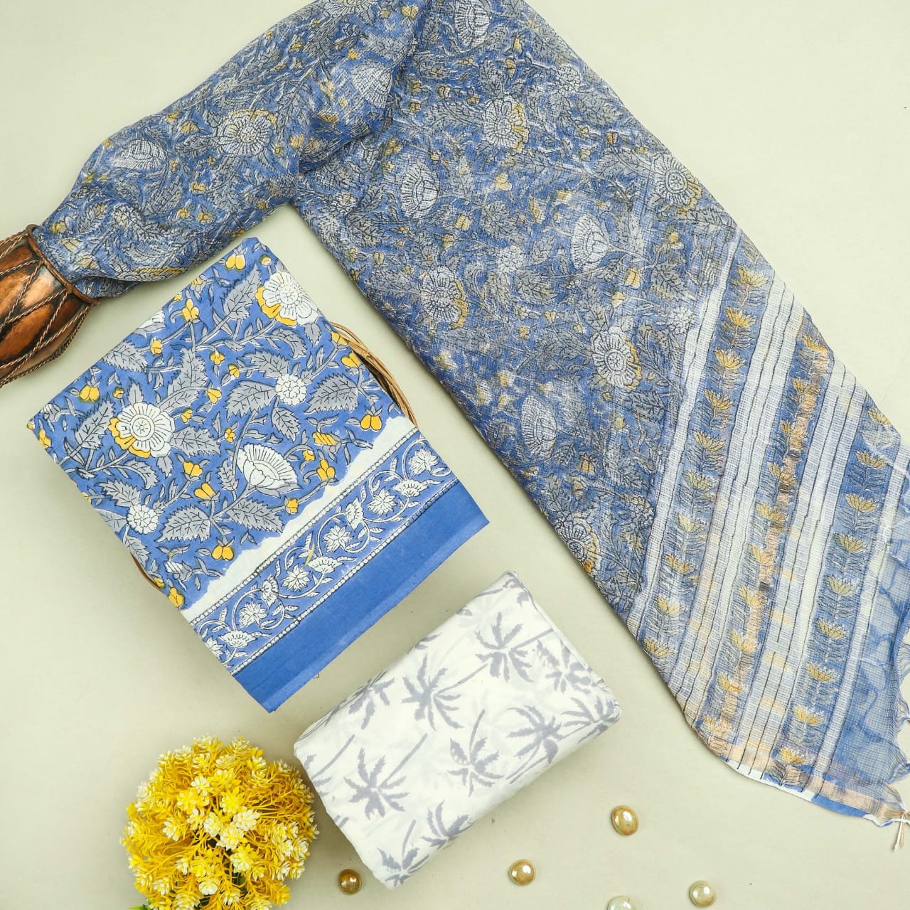 EXCLUSIVE HAND BLOCK PRINT PURE COTTON SUIT MATERIAL WITH KOTA DORIA DUPATTA (3CKDYS92)
