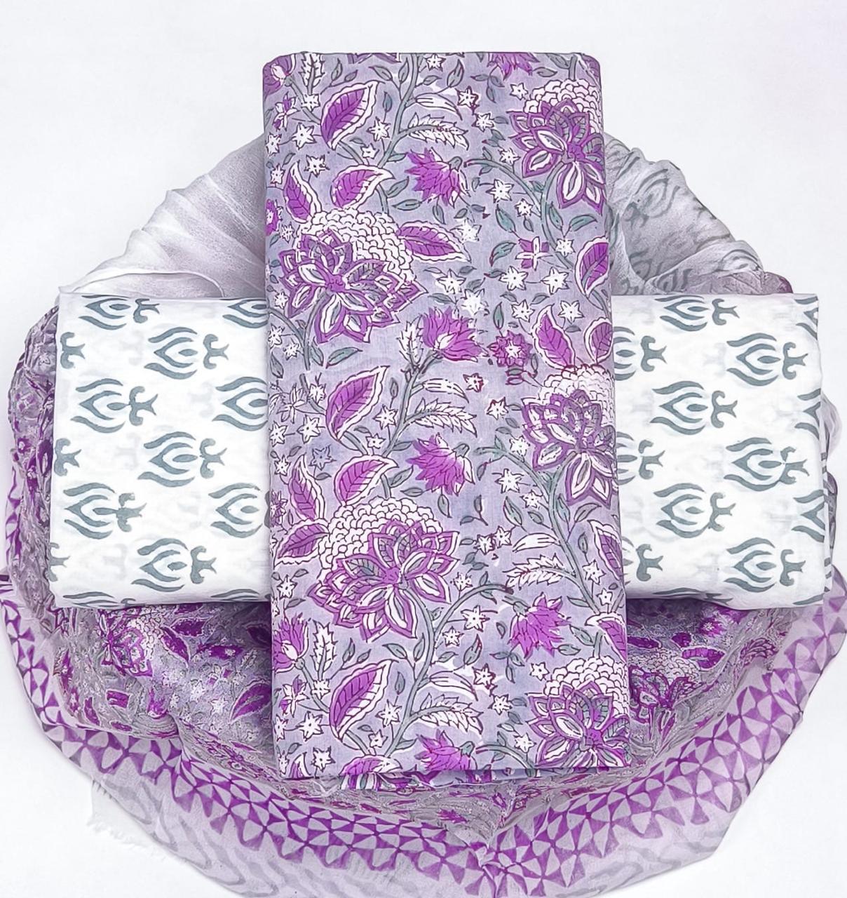 YUVI STYLE HAND BLOCK BATIK PRINT PURE COTTON SUIT WITH CHIFFION DUPTTA (PCHFYS161)