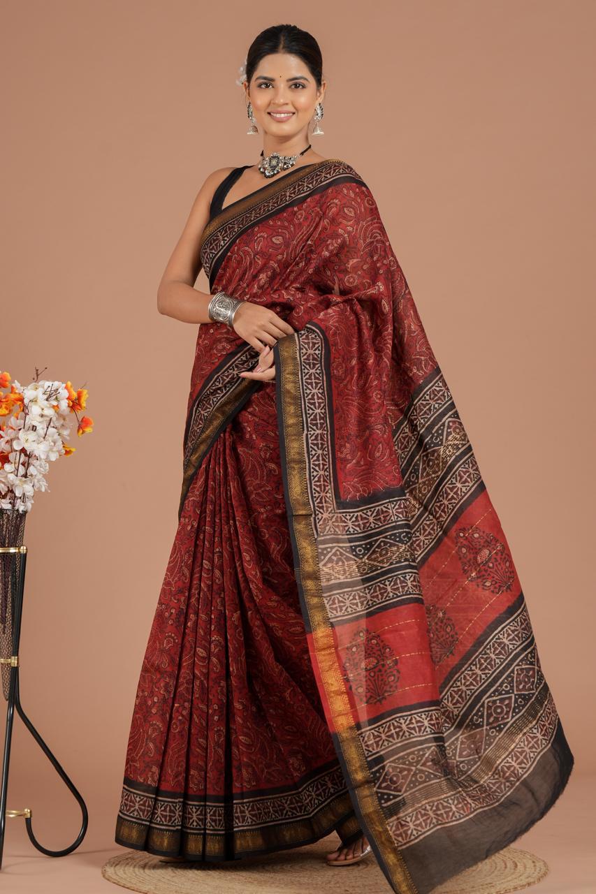 EXCLUSIVE HAND BLOCK AJRAK PRINT  PREMIUM  MAHESWARI SILK SAREE ( MSYS40)