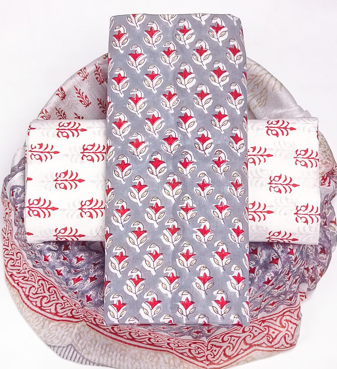 TRADITIONAL HAND BLOCK PRINT PURE COTTON SUIT WITH CHIFFION DUPTTA (PCHFYS118)