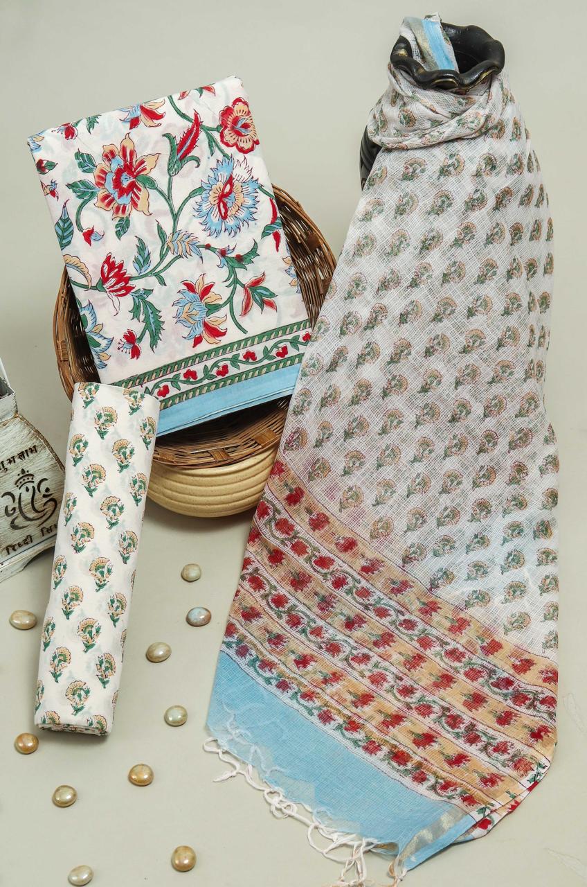 DESIGNER HAND BLOCK PRINT PURE COTTON SUIT MATERIAL WITH KOTA DORIA DUPATTA (3CKDYS40)