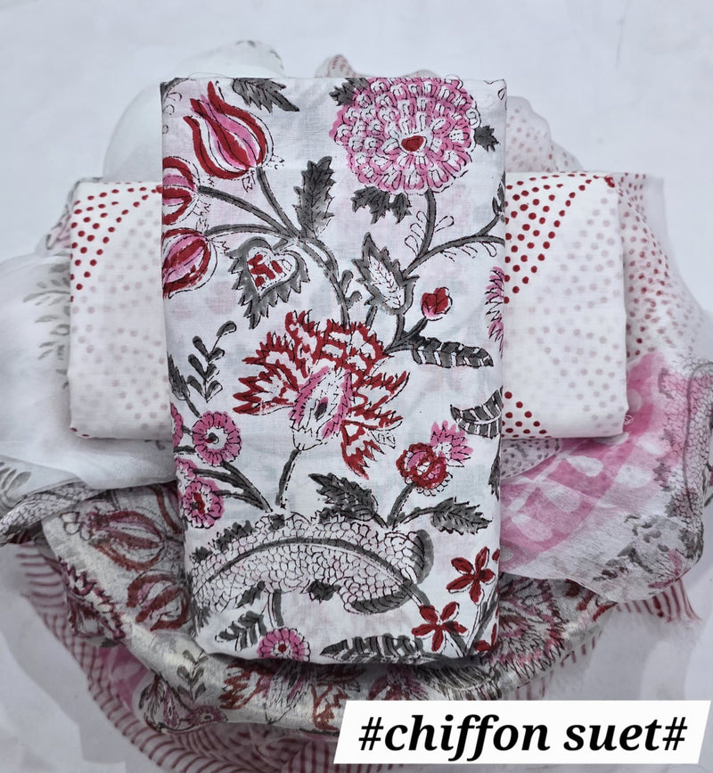 DESIGNER HAND BLOCK PRINT PURE COTTON SUIT WITH CHIFFON DUPATTA (PCHFYS37)
