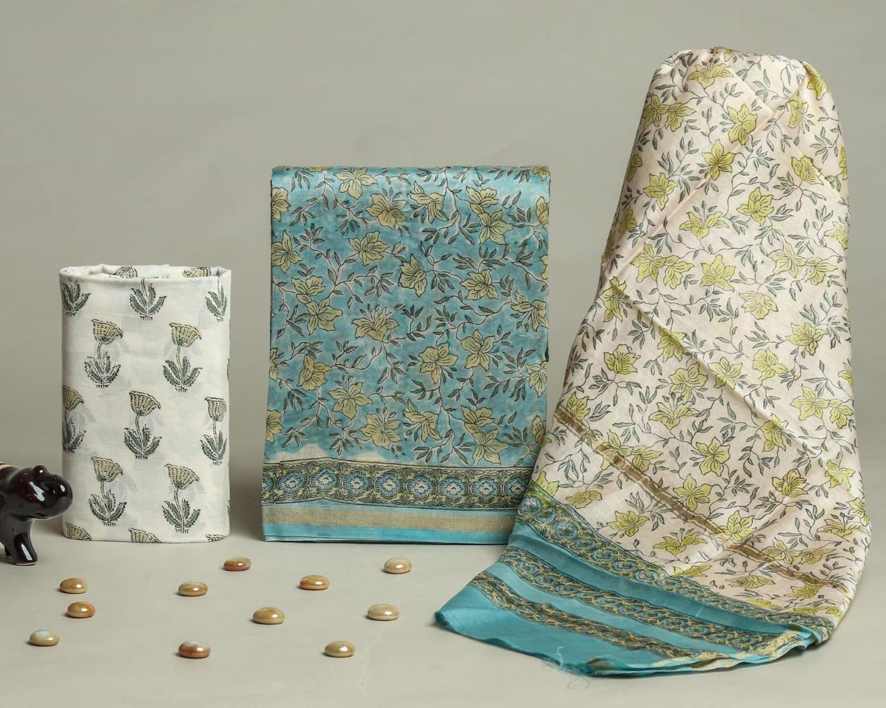 Designer Hand Block Chanderi Silk Suit set with  Chanderi Dupatta (CHDYS129)