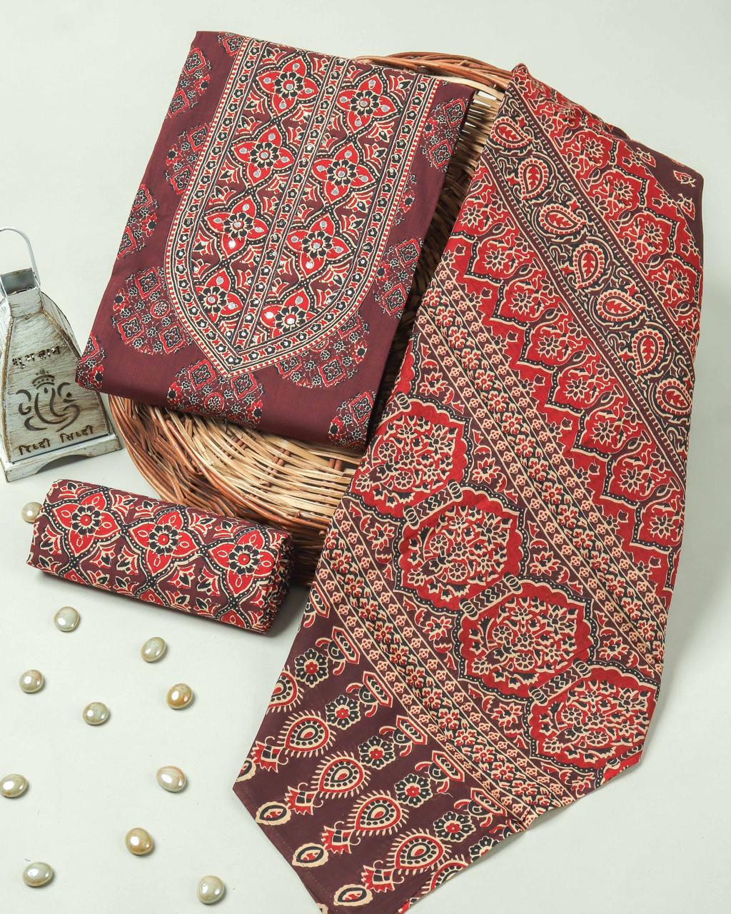 Sanganeri print cotton suit material with cotton dupatta Neck work (GOTAYS98)