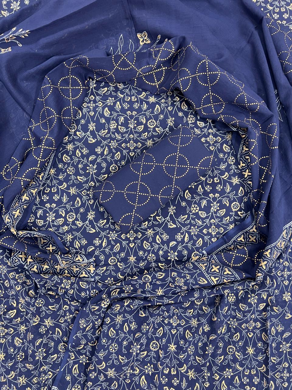ELEGANT AND BLOCK PRINT PURE COTTON SUIT WITH COTTON MULMUL DUPATTA(MALYS196)