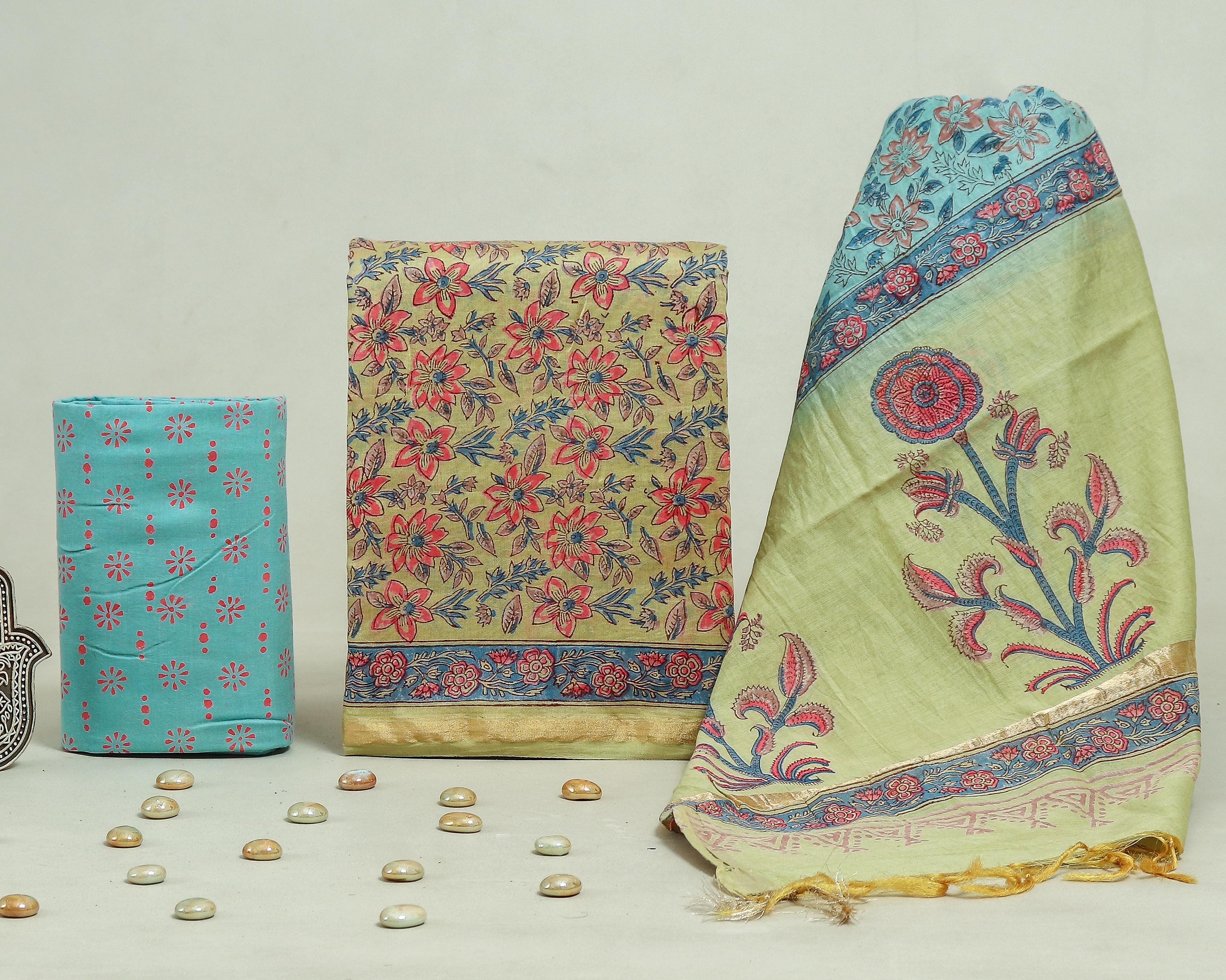 EXCLUSIVE  HAND BLOCK CHANDERI SILK SUIT SET WITH CHANDERI DUPATTA (CHDYS152)