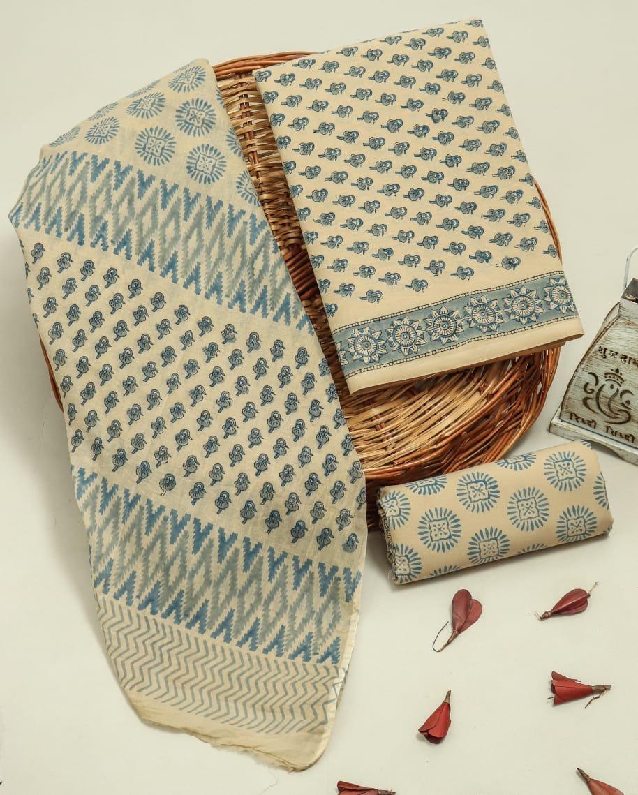 Designer Hand Block Print Pure Cotton Suit with Cotton Mulmul Dupatta (MALYS11)