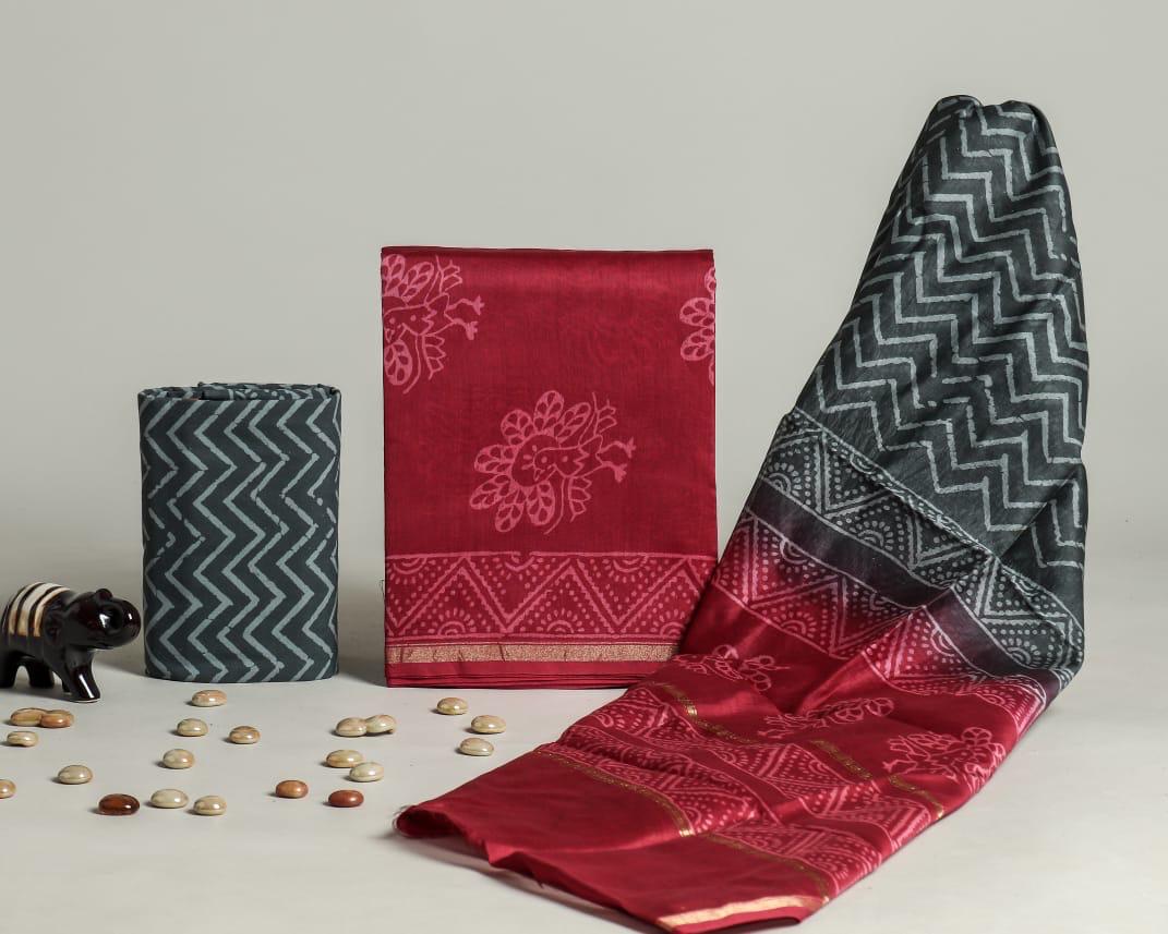 TRADITIONAL HAND BLOCK BAGRU PRINT CHANDERI SILK SUIT SET WITH PREMIUM CHANDERI DUPATTA (CHDYS308)