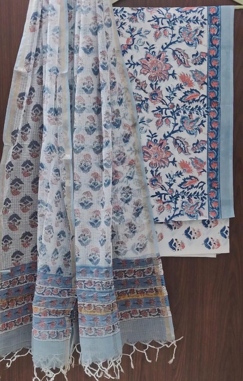 DESIGNER HAND BLOCK PRINT PURE COTTON SUIT MATERIAL WITH KOTA DORIA DUPATTA (3CKDYS75)