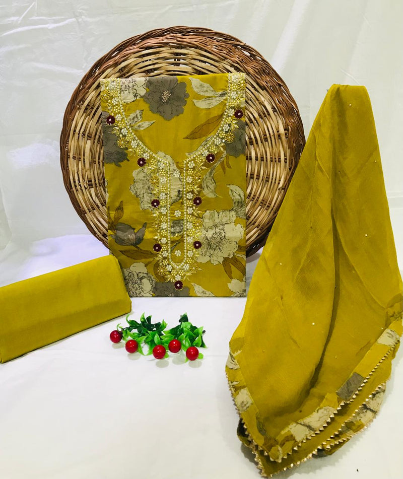 SANGANERI PRINT COTTON SUIT MATERIAL WITH  CHIFFION DUPATTA  NECK WORK (GOTAYS129)