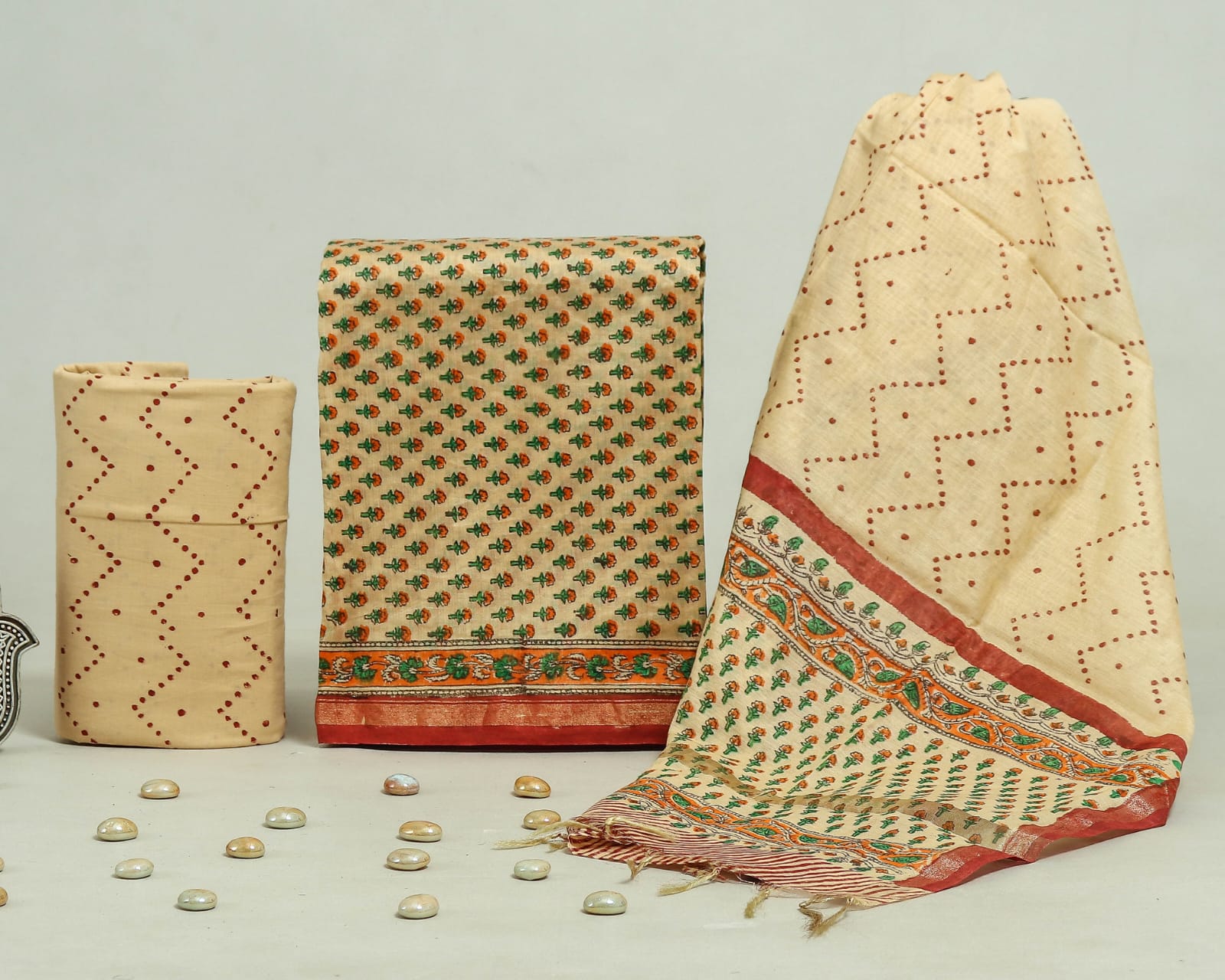 EXCLUSIVE HAND BLOCK CHANDERI SILK SUIT SET WITH CHANDERI DUPATTA (CHDYS111)