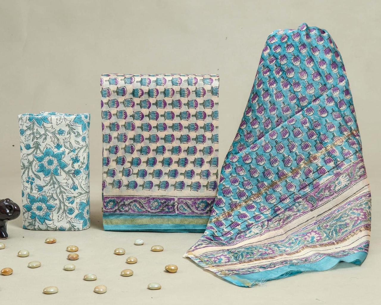 TRADITIONAL HAND BLOCK BAGRU PRINT CHANDERI SILK SUIT SET WITH   CHANDERI DUPATTA (CHDYS89)