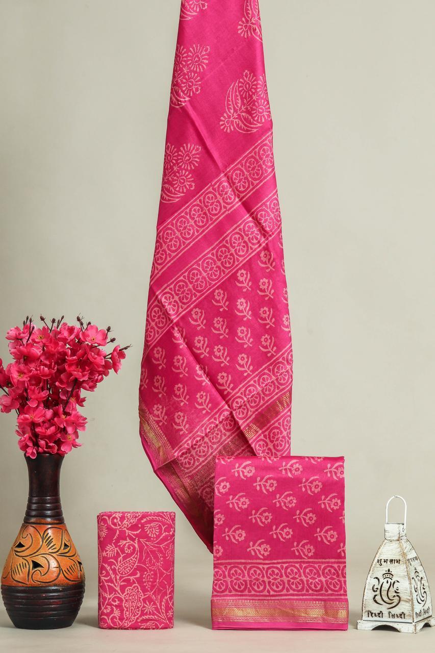 EXCLUSIVE  HAND BLOCK PRINT MAHESHWARI SILK SUIT WITH MAHESHWARI SILK (MSLYS93)