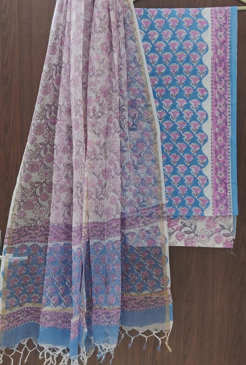 DESIGNER HAND BLOCK PRINT PURE COTTON SUIT WITH KOTA DORIA DUPATTA (3CKDYS102)