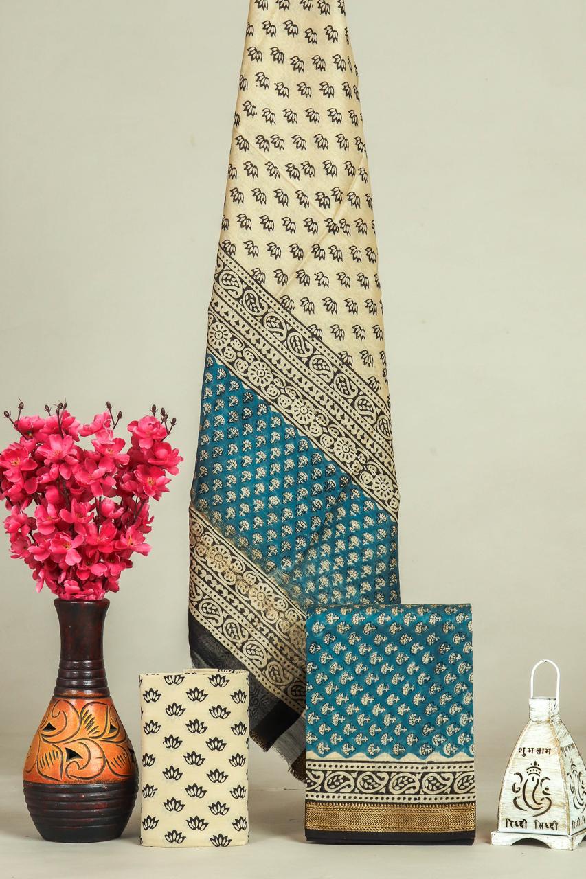 YUVI STYLE HAND BLOCK PRINT MAHESHWARI SILK SUIT WITH MAHESHWARI SILK DUPATTA (MSLYS117)